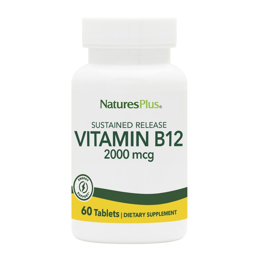 Natures Plus Vitamin B12 (Methylcobalamin), Sustained release - 2000 mcg, 60 Vejetaryen Tabletler - Yüksek Potency Red Blood Hücre Desteği - Doğal Enerji ATM - Gluten-Free - 60 Hizmetler