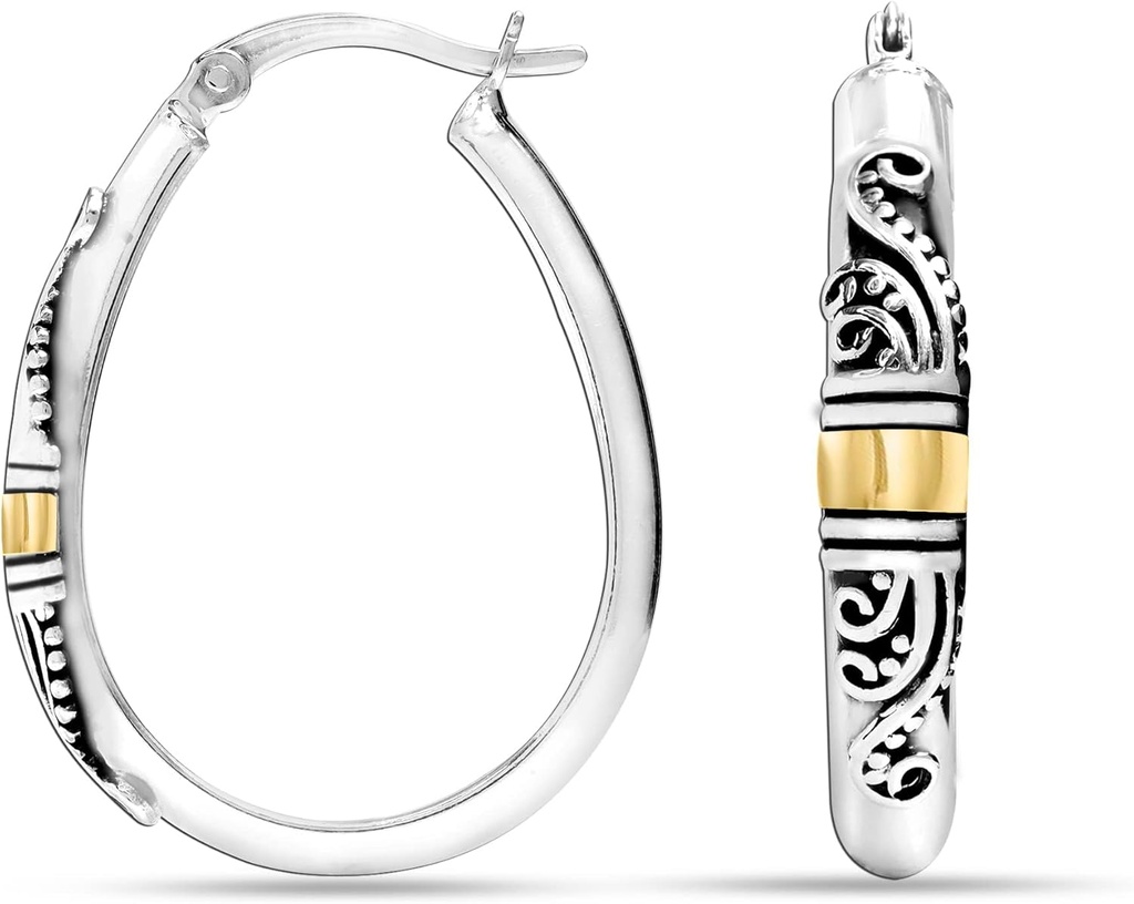 LeCalla 925 Sterling Silver Bali-Style Hoop Earring Lights Click-Top Antique Two-Tone Beaded Italian Bali Style Earring Hoops for Women