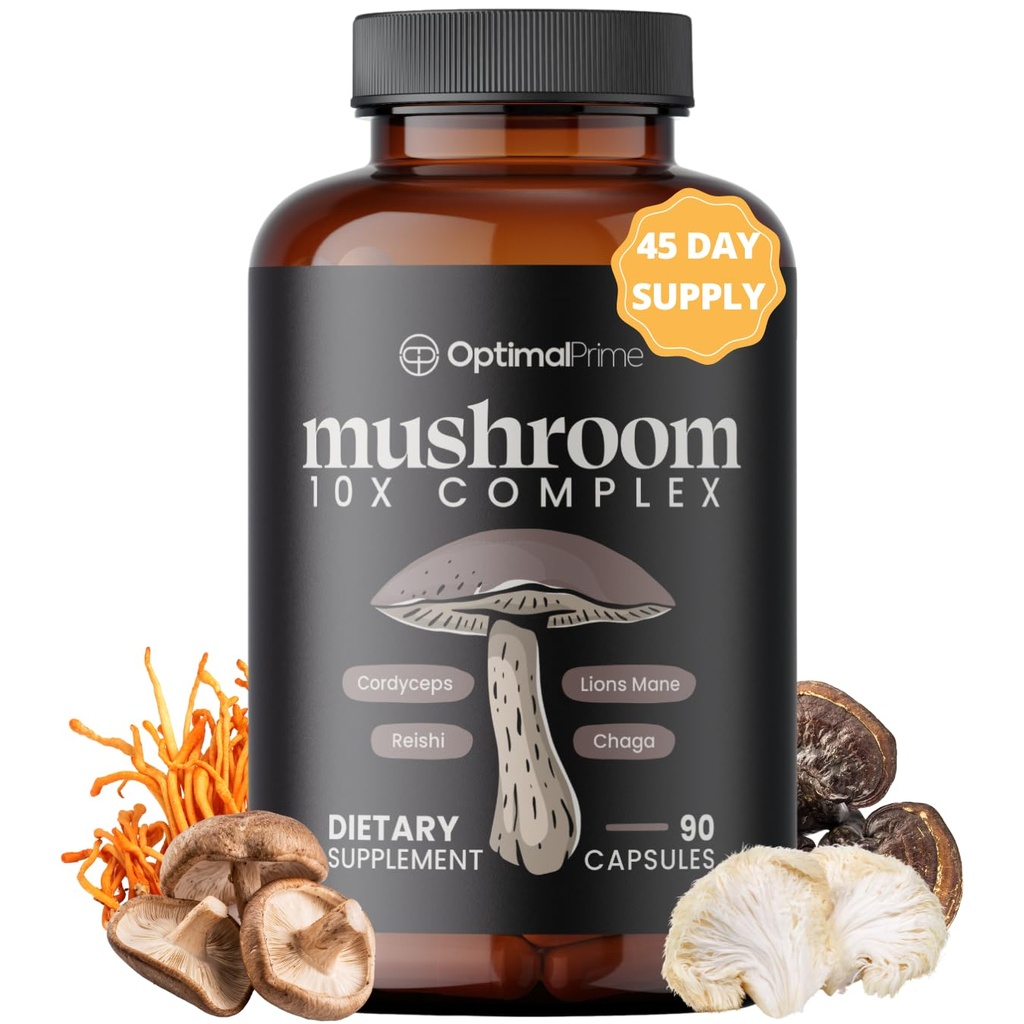 Optimal Prime 10x Mushroom Kompleksi Supplement - Lions Mane, Cordyceps, Türkiye Immunity, Energy, Mood, Focus - Natural Health Alert, 90 Caps