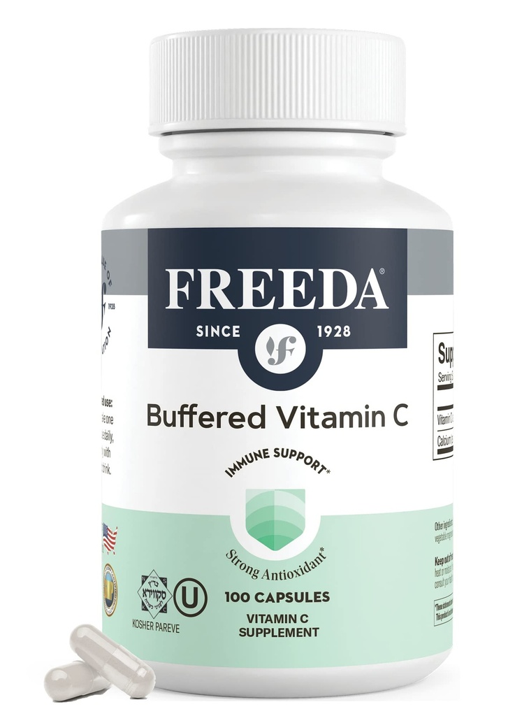 FREEDA Buffered Vitamin C 500 mg – Non-Acidicdis Ascorbate – Immune Support & Antioksi – Kosher, Stomach'ta Nazi – 100 Capsules