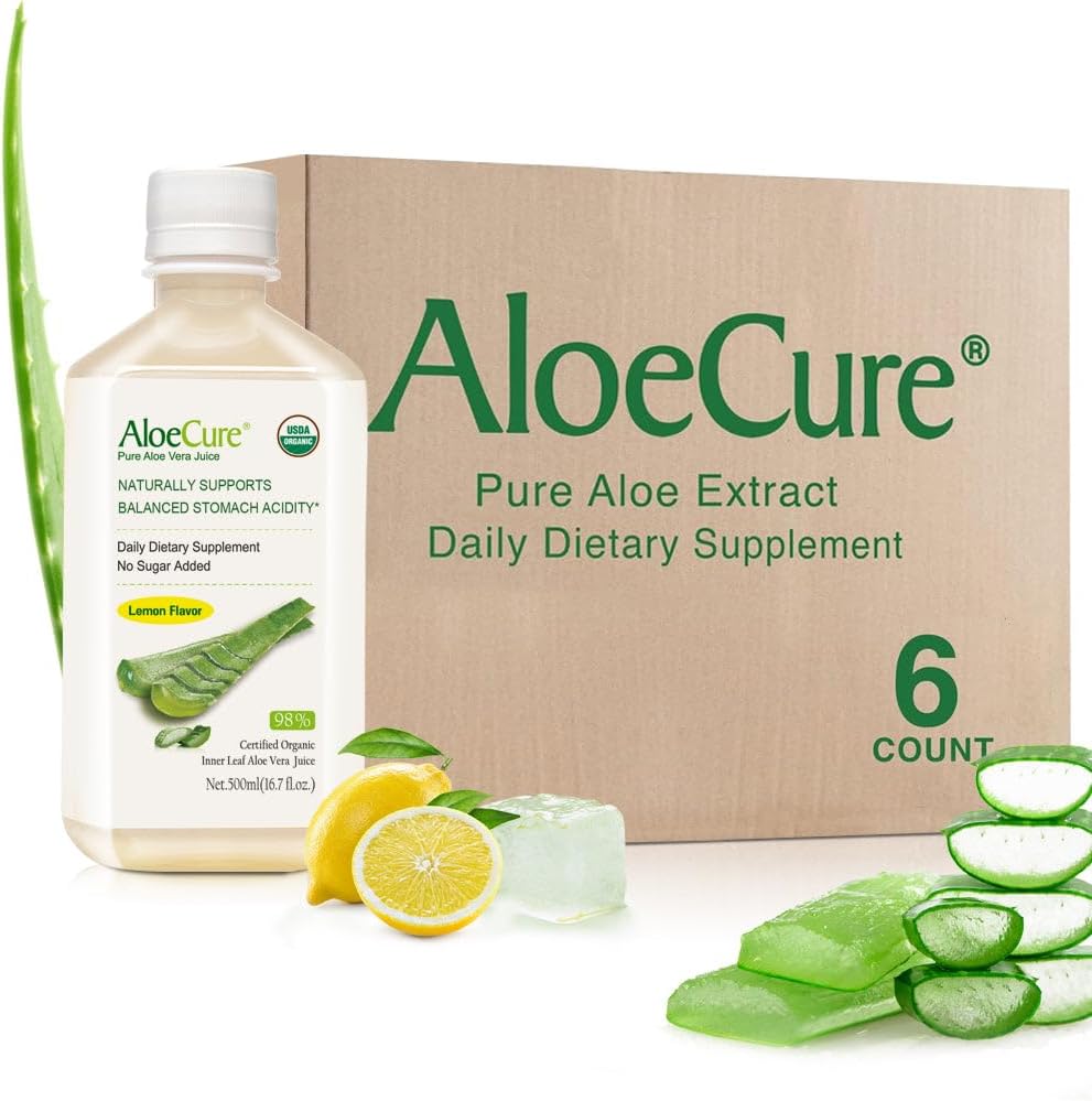 AloeCure USDA Organic Aloe Vera Juice Lemon Flavor - Made Within 12 Hours of Harvest - Natural Digestive Supplement for Balanced Stomach Acidity - Support Digestive and Immune Health, 6 Btls x 16.7oz