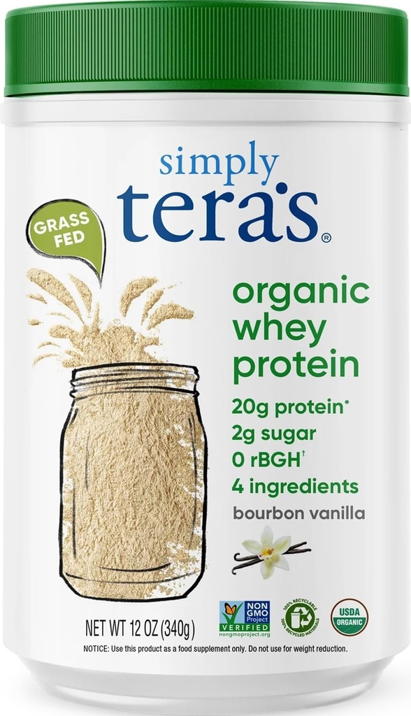 Sadece tera'nın Organik Whey Protein Tozu - Grass Fed Vanilla Whey Protein Toz, Temiz, Yapay Tatlıcılar olmadan, Non-GMO, Kosher, rBGH-Free, Organik - 12 Oz.
