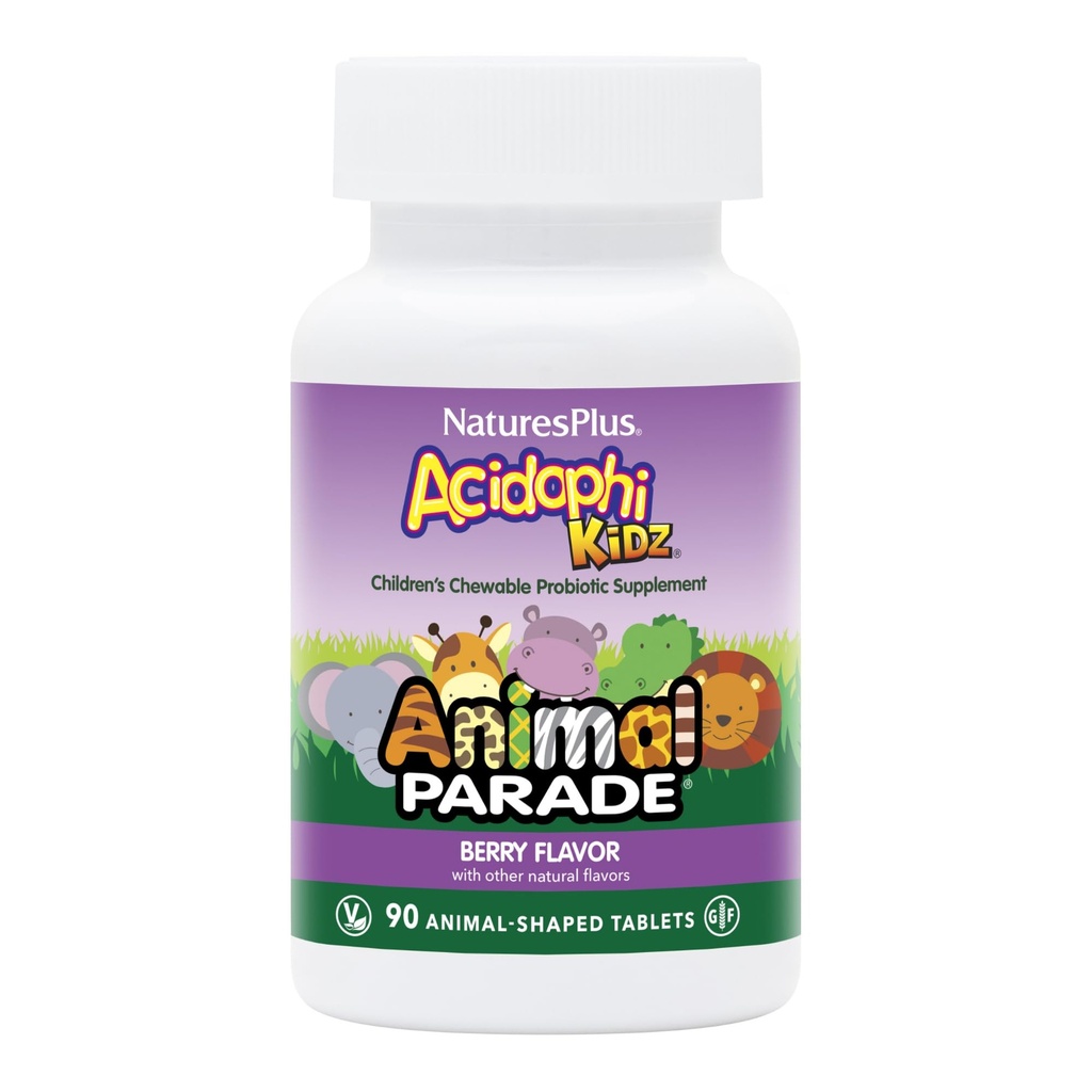 NaturesPlus Animal Parade AcidophiKidz, Berry Flavor - 90 Chewable, Animal-Shaped Tabletler - Probiyotikler, FOS & Grape Tohumu - 90 Toplam Hizmetler