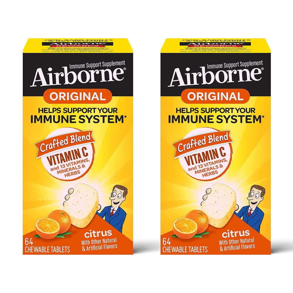 Airborne C 1000 mg (per Servis) - Citrus Chewable Tabletler (64ct/Box), Gluten-Free Immune Support Supplement, Vitamins A C E, ZINC, Selenium, Echinacea, Ginger, Antioksis (2-Pack)