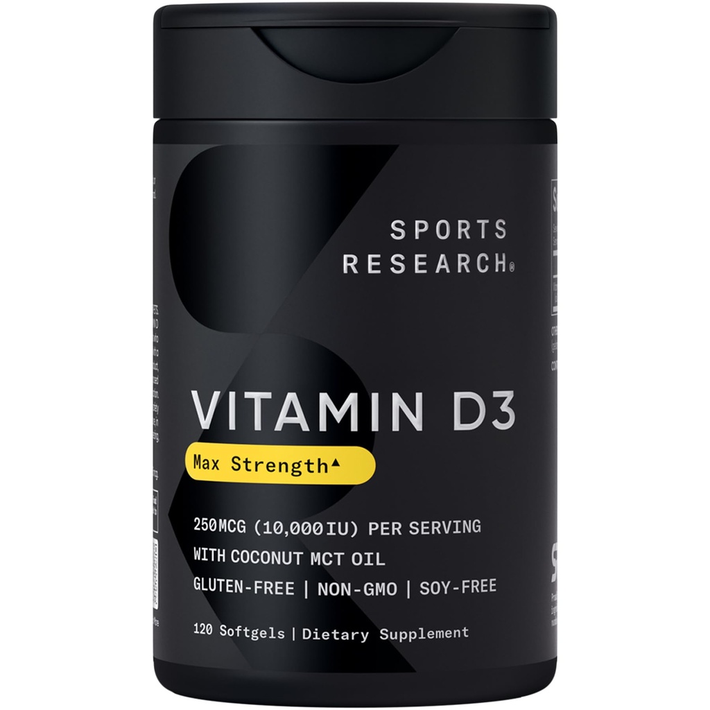 Spor Araştırması 10.000 iu Vitamin D3 Organik Buhar Yağı ile Tamamlanan - Güçlü Kemikler ve Immune Health için D vitamini - Desteksorun - Non-GMO - 250mcg, 120 Mini Yumuşakgels for Yetişkinler