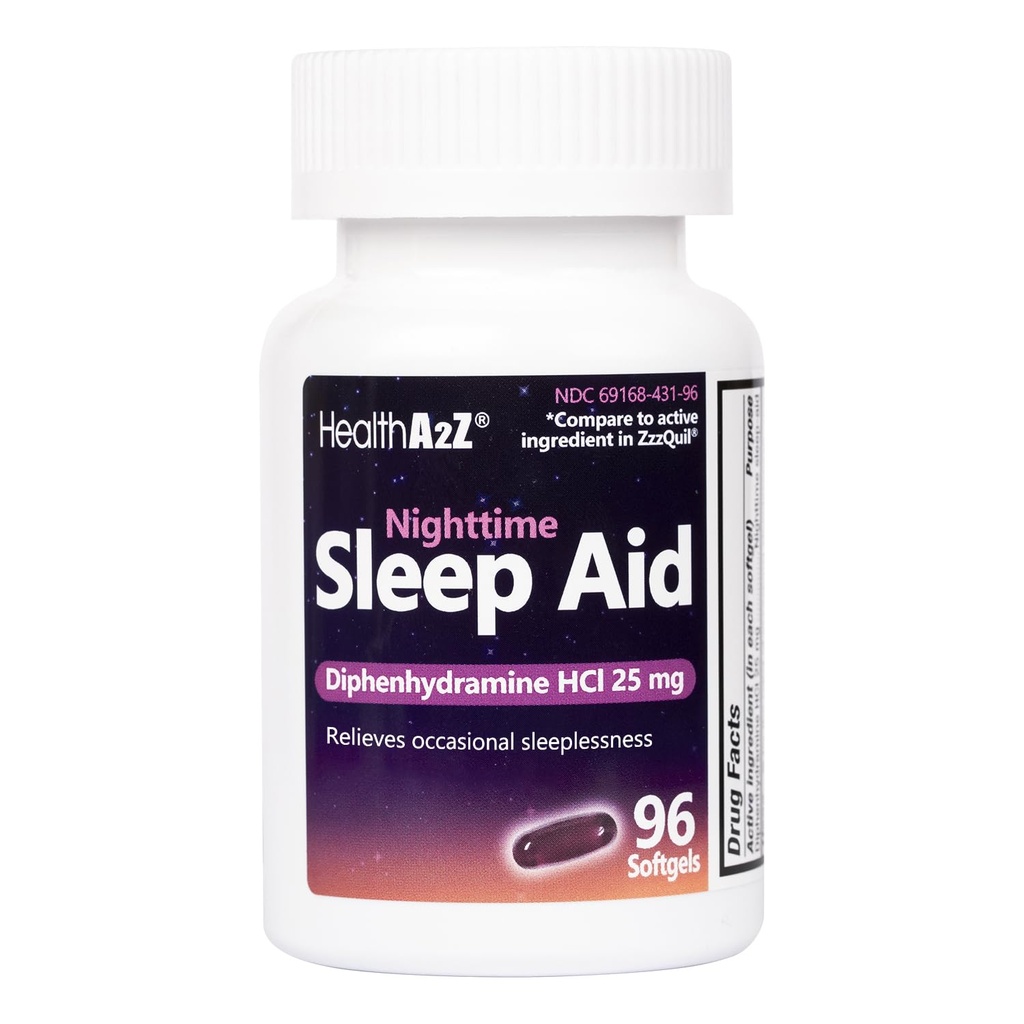 HealthA2Z Sleep Aid, Diphenhydramine HCl 25 mg Softgels, Supports Deeper, Restful Sleep, Non Habit-Forming (96 Softgels)