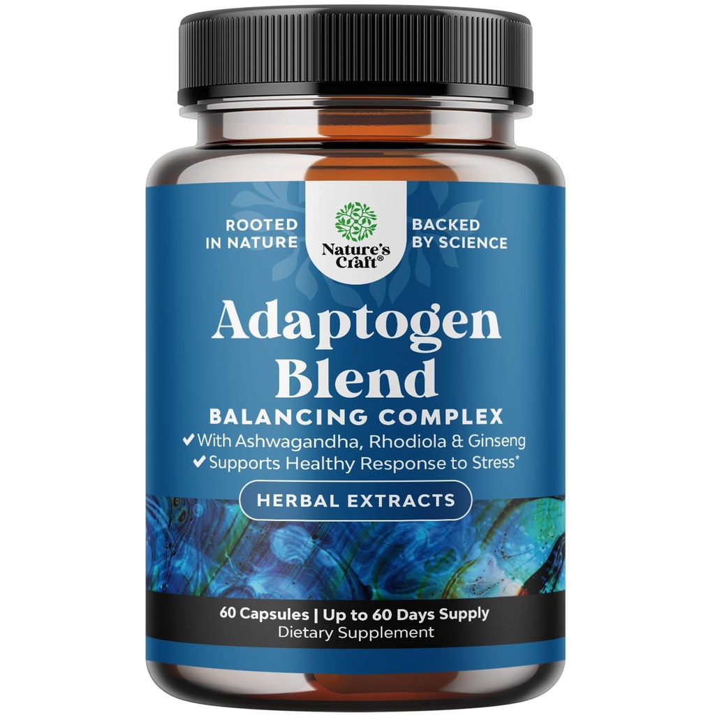 Herbal Adaptogen Mood Support Supplement - Calming Adaptogens Supplement for Stress & Cortisol Management with Ashwagandha Rhodiola Rosea & Maca Root - Vegan & Daytime Friendly - 60 Count