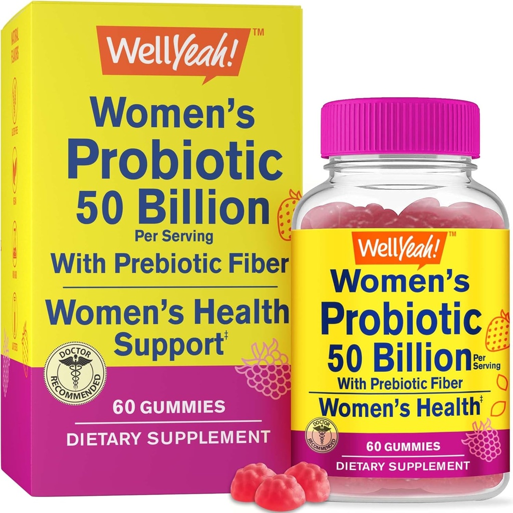 WellEvet Kadınlar Probiyotik 50 Milyar Gummies 12 Strains - Digestive için Prebiyotik Fiber - Vaginal, Digestive, Immune Suport ve Gut Health - Raf Stable Probiyotik Gummies - 60 Gummies