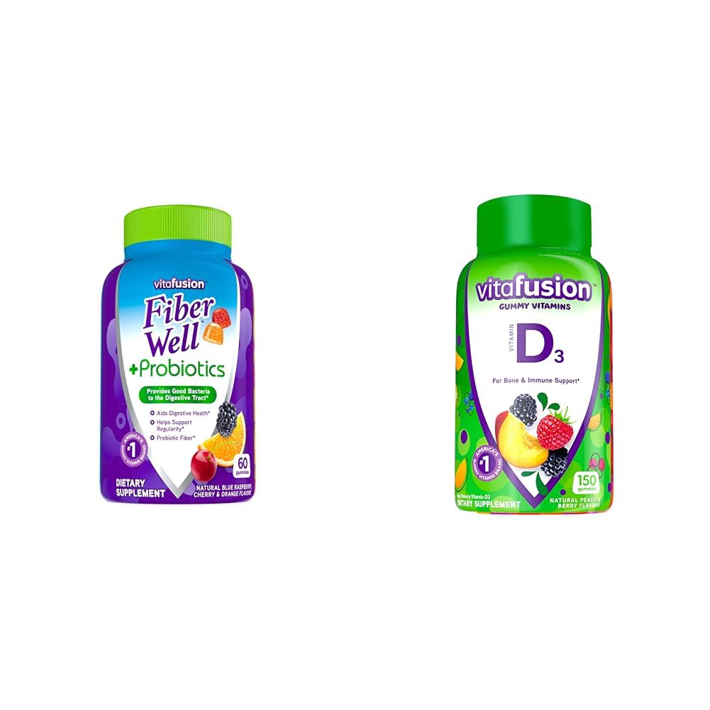 Vitafüzyon Fiber Well + Probiyotiks Gummies for Yetişkinler, 60 Kont Vitamin D3 Gummy Vitamins, Peach, BlackBerry ve Strawberry Flavored, 50 mcg Vitamin D, 150 Count