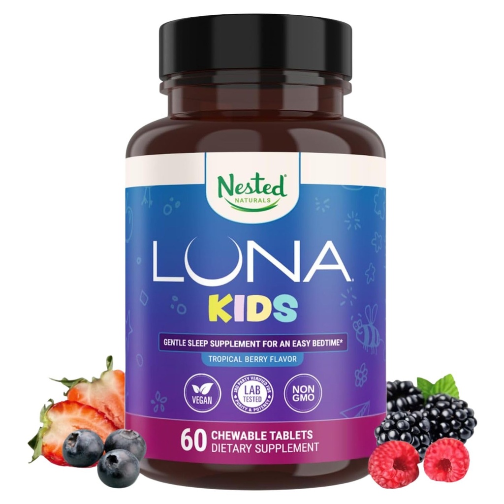 LUNA Kids | #1 Sleep Aid Tabletleri Çocuklar için Egzersiz ve Hassas Yetişkinler | Doğal Kaynaklanmış Malzemeler | 60 x Chewable Pills | Gentle, Herbal Supplement with Chamomile, Melatonin, Valerian & Lemon Balm