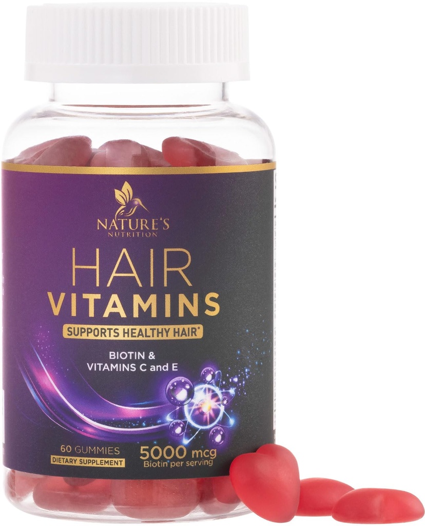 Saçlar Biotin 5000 mcg ile Gummies - Güçlü, Saç Saç Saç, Cilt ve Çiçeği Tamam - E & C, Saç Büyümesi Kadın ve Erkekler için Vitamini, Non-GMO & Gluten Free - 60 Gummies