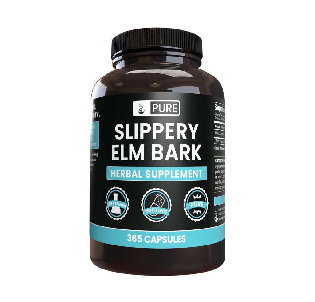 Pure Original Materialss Slippery Elm Bark (365 Capsules) No Magnezyum Or Rice Fillers, Her zaman Pure, Lab Onaylandı