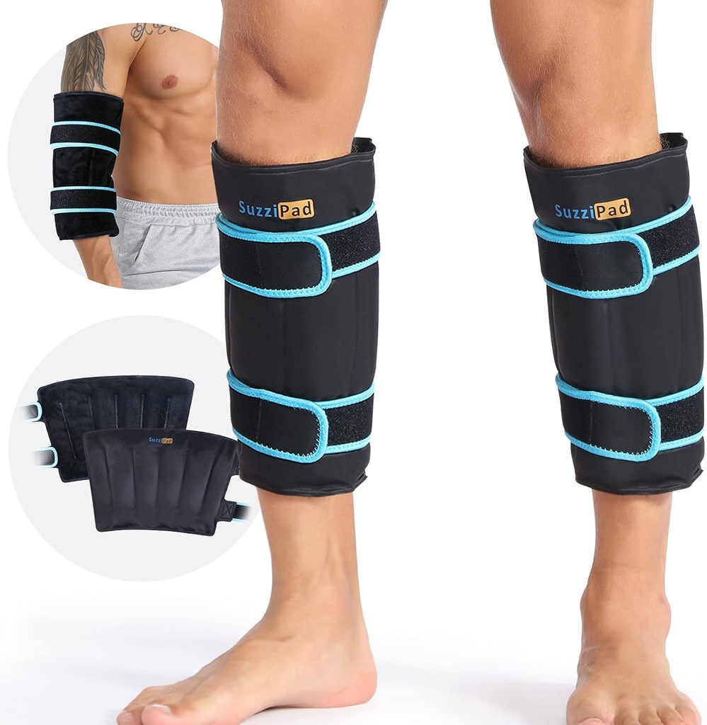 SuzziPad 360° Cold Pack for Calf, Shin, Arm & Elbow – Ice Wrap with Dual-Cover Design, Adjustable Velcro Straps, Leakproof & Reusable Cold Compress for Post-Workout Recovery (2 Packs), Black