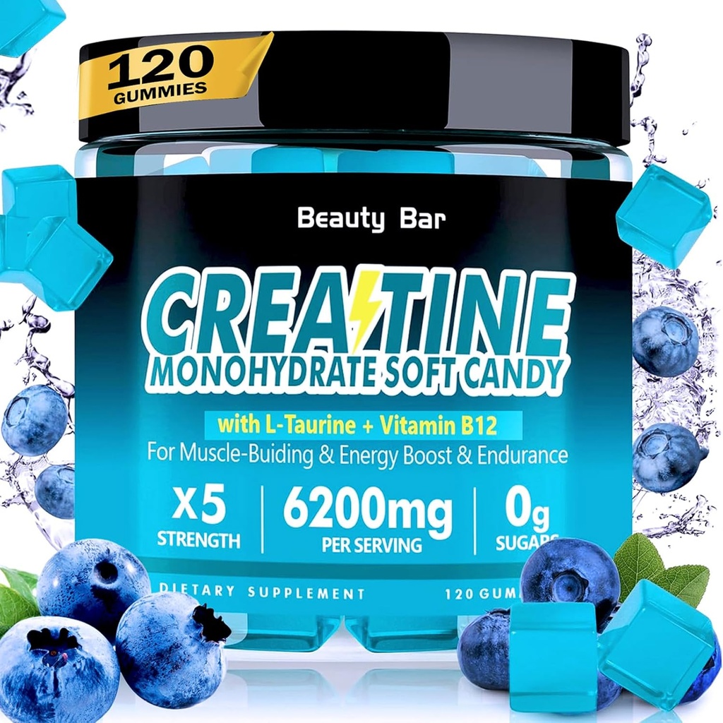 Tinatine Monohidrat Gummies,6200 mg for Men & Women, Chewablet Kre Büyüme, Güçlü ve Kurtarma, Sugar Free Pre-Workout Supplement,120 Count,Blueberry Flavor