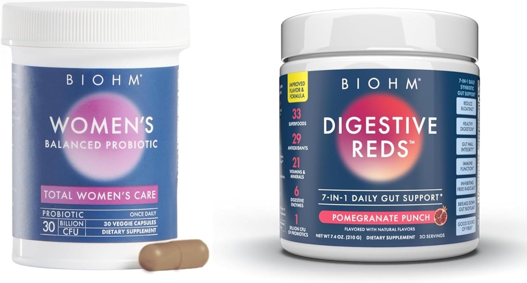 BIOHM Women's Probiyotiks 30B CFU & 210 oz Essential Digestive Reds Toz Sche, Kapsamlı Gut & Vaginal Health Support, Antioksis, Enzymes, Vitaminler