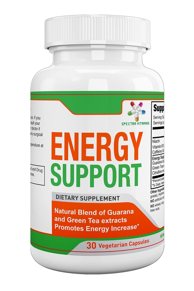 Spectra Vitamins Natural Energy Support 30 Capsules - Guarana Capsules - Vitamin B12 - Guarana and Green Tea Extracts - Citrulline Energy Supplements with Natural Energy Booster