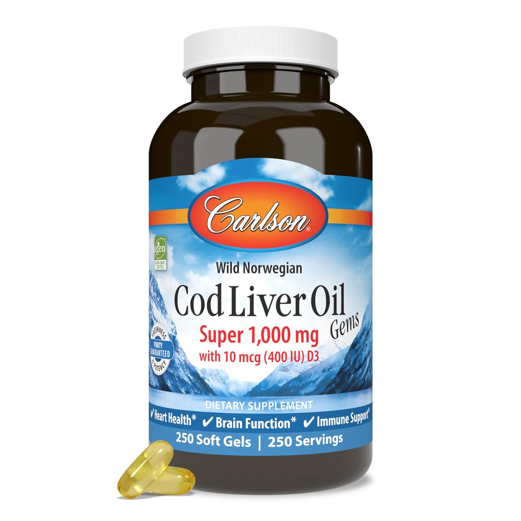 Carlson - Cod Liver Oil Gems, Super 1000 mg, 250 mg Omega-3s, 400 IU (10 mcg) Vitamin D3, Wild Caught Norveç Arctic Cod Liver Oil, Nor Fish Oil Capsules, 250 Softgels