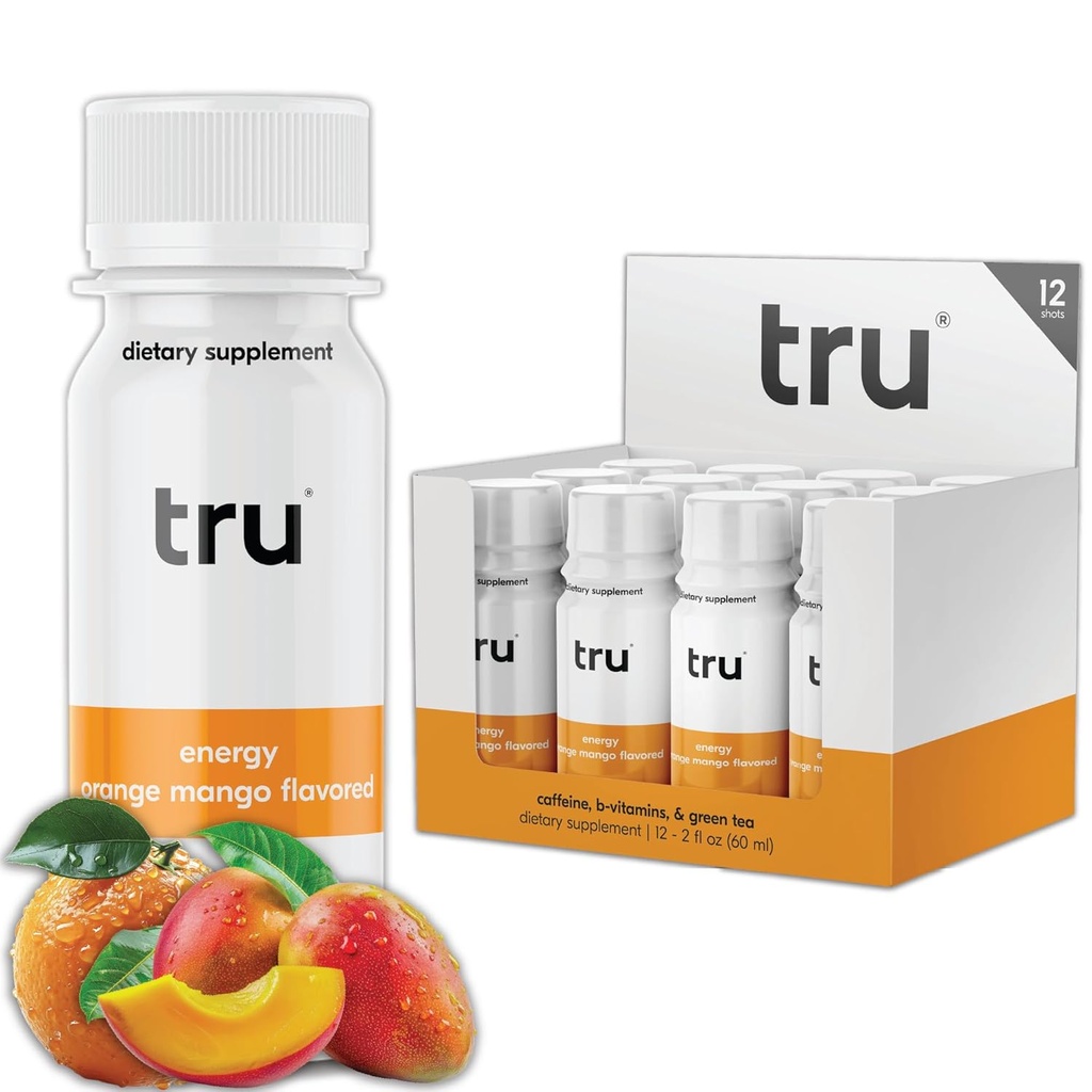 Tru Energy Shot, Ekstra Güçlü Enerji Doğal Caffeine, Green Tea, B Vitamins B3, B6 & Vitamin B12, Zero Sugar & Calories, Keto, Vegan, Gluten Free, Orange Mango, 2 FL OZ Şişes, 12 Pack