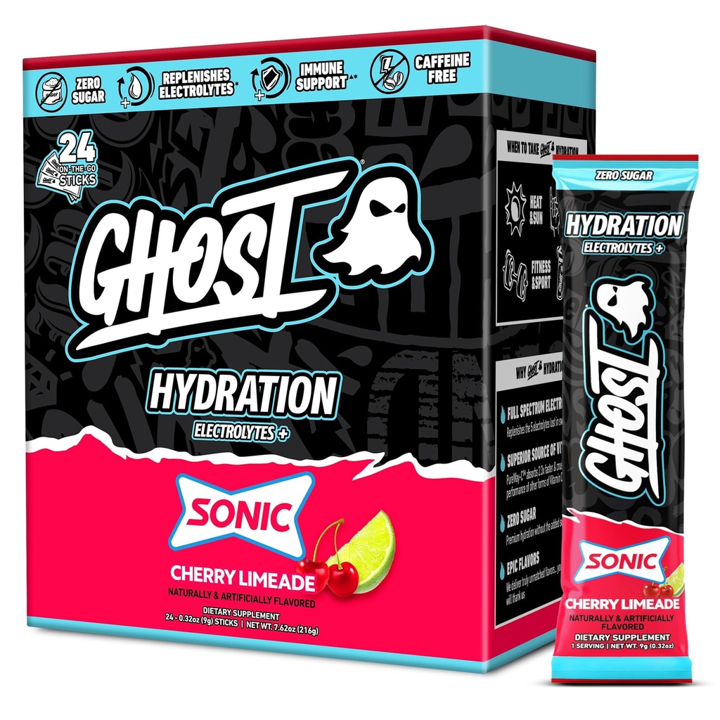 GHOST Hydration Packets, Sonic Cherry Limeade, 24 Sticks, Electrolyte Toz - Magnezyum ile Mix Supplement, Pyum, Kalsiyum, C - Vegan Dostu, Soy, Sugar & Glutenten
