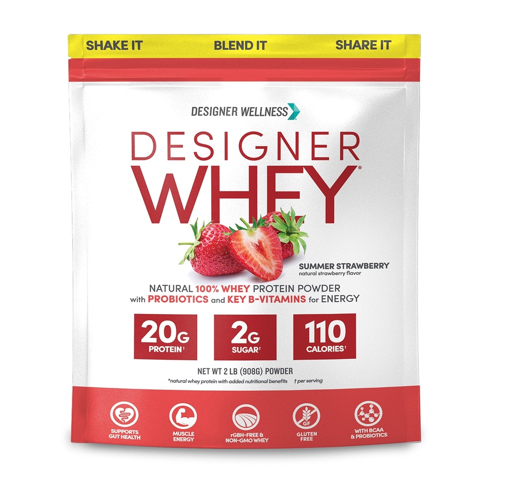 Tasarımcı Wellness, Tasarımcı Whey, Doğal Whey Protein Toz Probiyotiks, Fiber ve Key B-Vitamins for Energy, Gluten-Free, Summer Strawberry, 2 lb