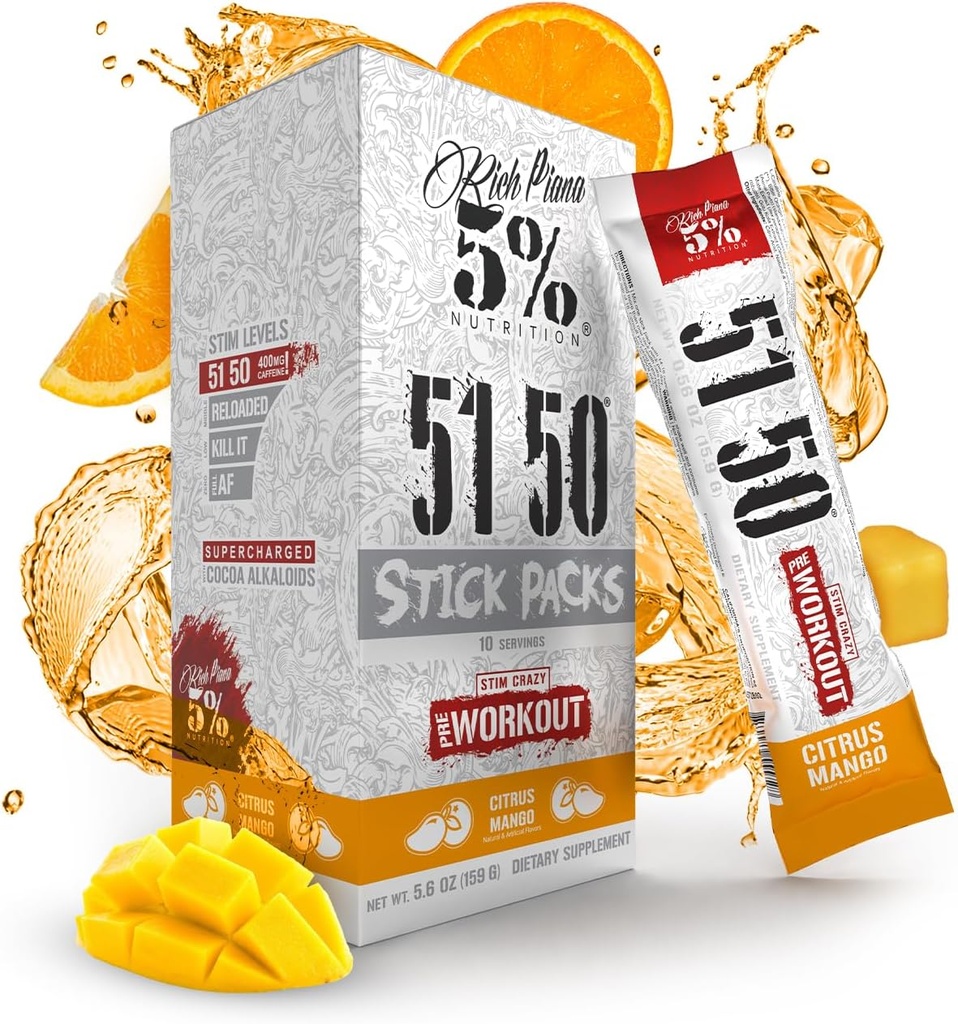 5 Beslenme Zengin Piana 5150 Yüksek Stim Pre-Workout Toz Paketleri | Extreme Energy, Focus, Pumps & Endurance | 513 mg Caffeine Complex, Citrulline, Beta Alanine, L-Tyrosine (Citrus Mango) (10 Count)