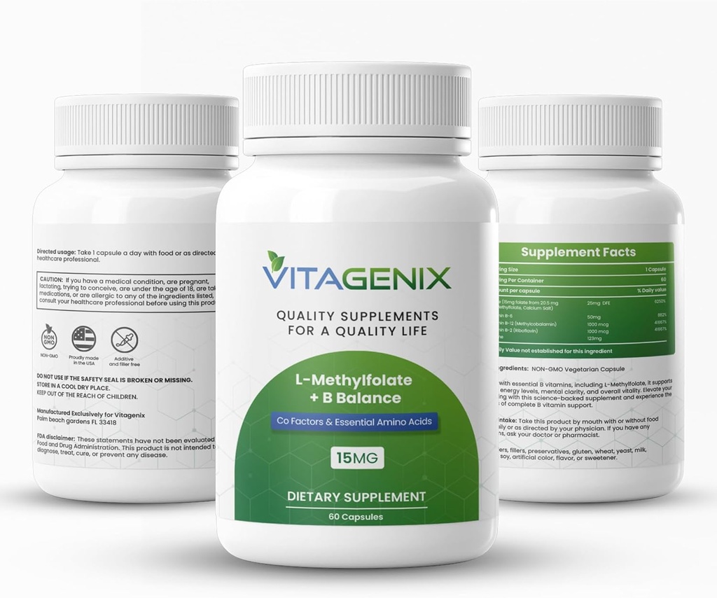 L-Methylfolate + B Balance - Profesyonel Kuvvetli 5-MTHF Form + B6, B2 & B12 Methylle B Kompleks - Destekler Mood, Meation & Cognition - 15mg - 60 Capsules