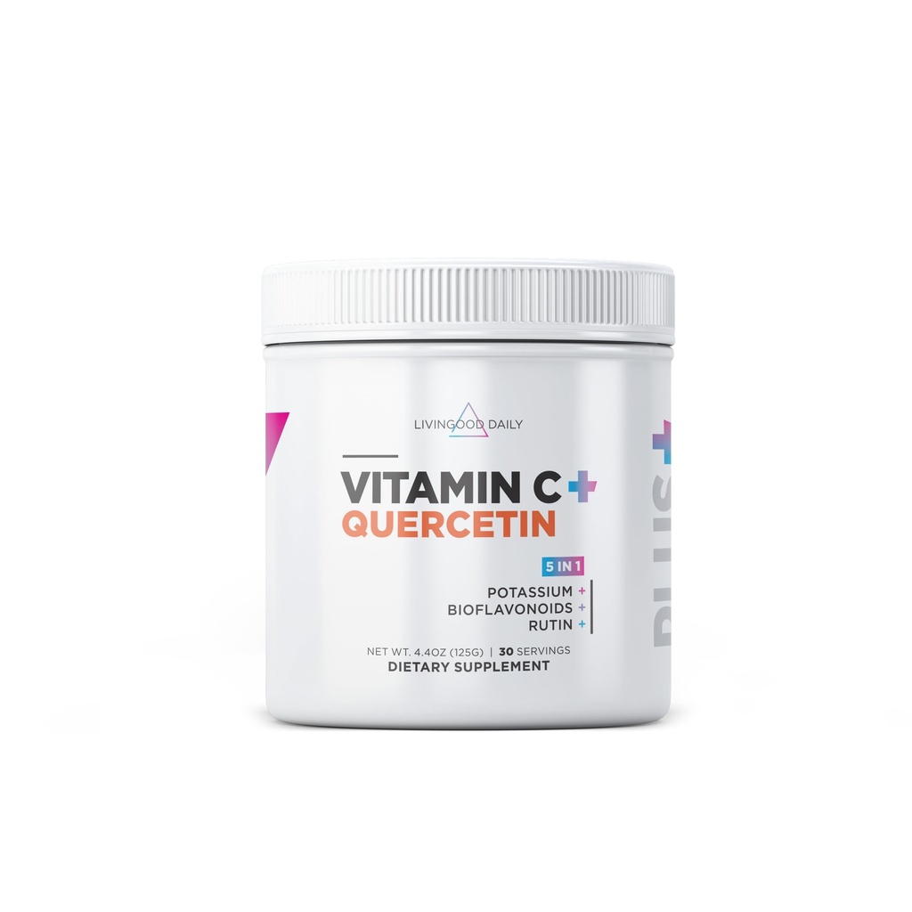 Livingood Daily High Dose Vitamin C Powder Supplement, 2,600 MG Ascorbic Acid Powder Supports Immunity & Skin Health, Powdered Vitamin C with Quercetin, Sweetened with Stevia, Vegan, 30 Servings