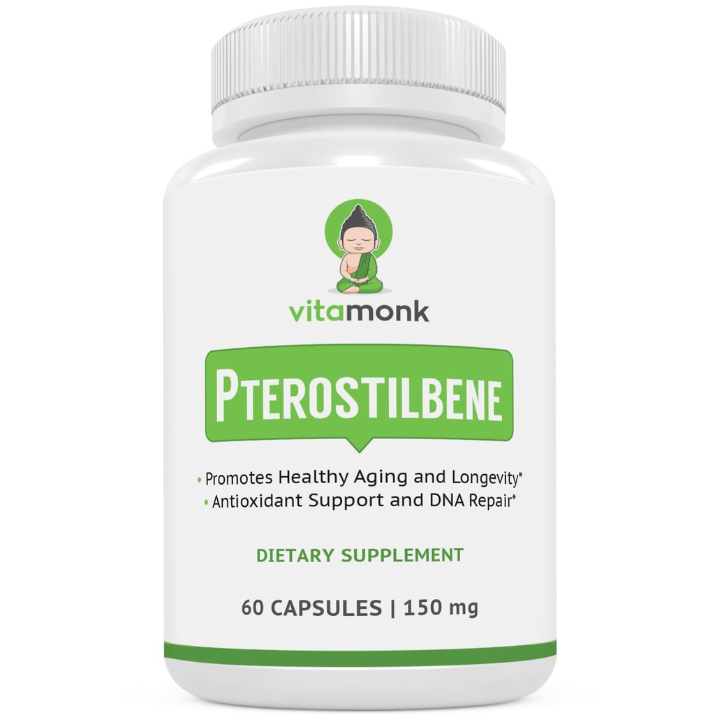 VitaMonk Pterostilbene 150 mg Capsules No Yapay Fillers - Soy Free Trans-Pterostilbene Supplement, Sağlıklı Aging ve Longevity - 60 Veggie-Caps - Geliştirilmiş Resveratrol