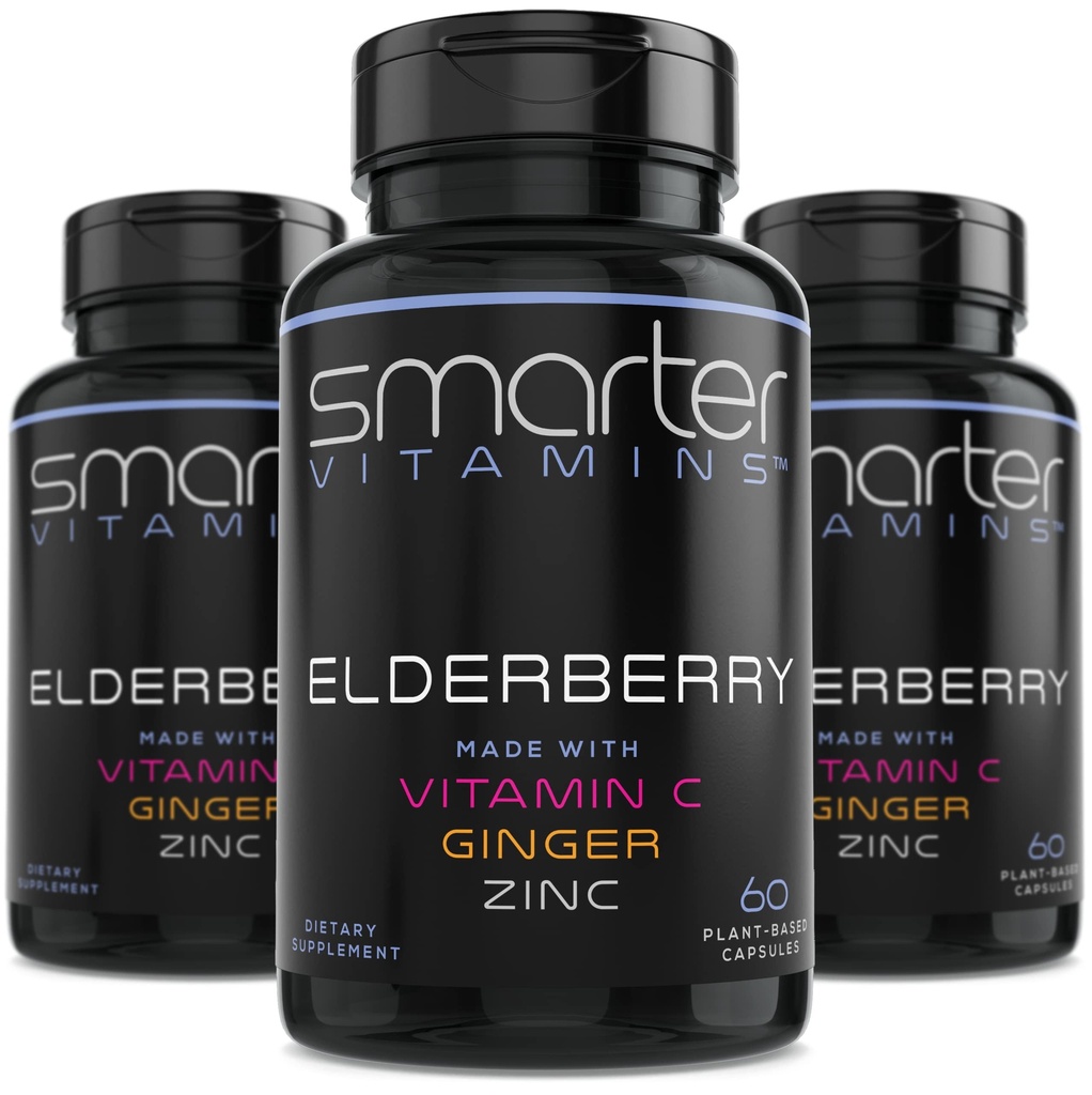 (3 Pack) Smarter Elderberry Capsules + Vitamin C + Ginger & çinko, Herbal Supplement, Güçlü Black Elder Berry Antioksi Vitamin, 180 Vegan Pills