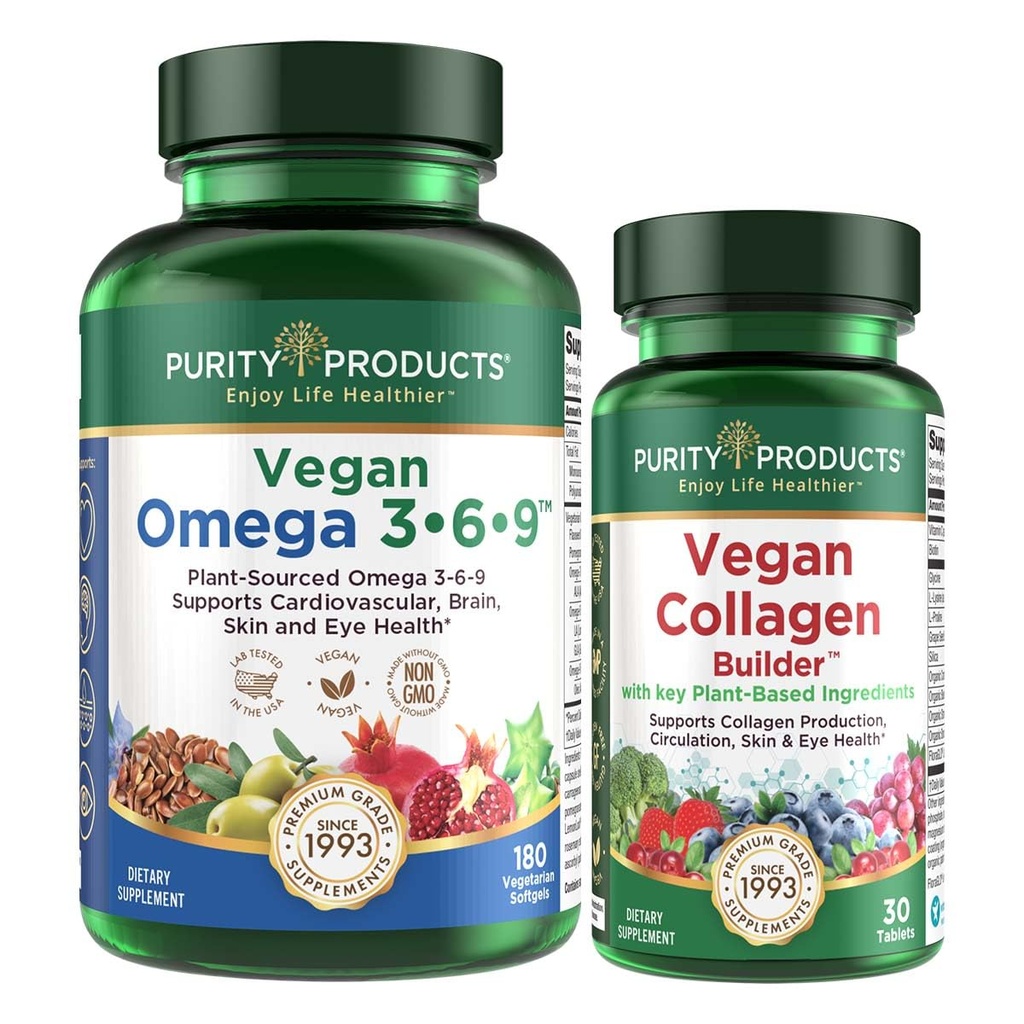 Saf Ürünler Planlama - Vegan Omega 3-6-9 (180 ct) + Vegan Collagen Builder Omega 3-6-9 ("5 in 1" Plant-Based Omega Essential Fatty Acid) - Vegan Collagen Builder (w/Key Plant-Based Malzemeler)