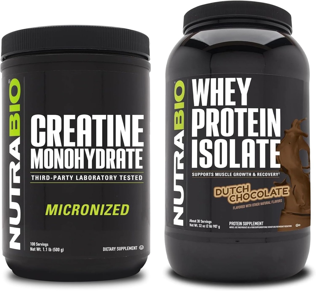 NutraBio Kretine Monohidrat, Unflavored, 500g ve Whey Protein Isolate, Hollandalı Çikolata, Supplement Sche - Muscle Energy, Lean Muscle growth, Recovery, and Strength