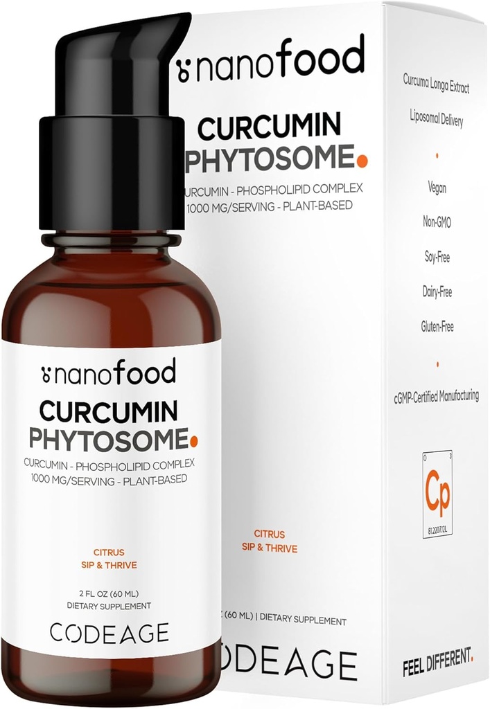 Kodage Liposomal Curcumin Phytosome Liquid Supplement, Turmeric Curcumin Vegan Liquid Drops, Plant-Based Curcuma Longa Dropper, Curcumina, Sunflower Phospholipid, Sugar-Free, Citrus Flavor, 2 fl oz