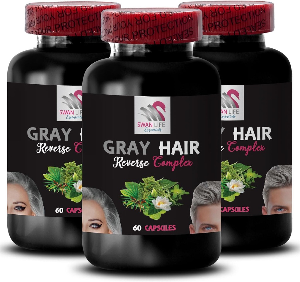 Natural Hair Complex - Gray Hair Reverse - Fresh Vibrancy, Color reawakening, Glossy Hair, Luminous Hair, Hair Enrichment, Hair Brilliance, Color Boost, Hair Transformation 3 Bottles 180 Capsules