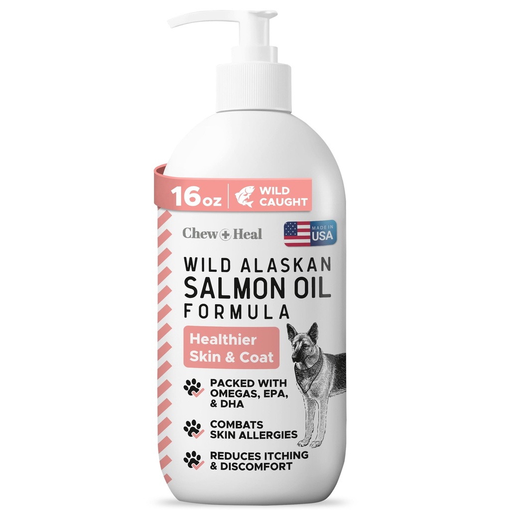 Wild Alaskan Salmon Fish Oil for Dogs - 16 oz. of Fish Oil Formula - Pump Cap Bottle - Contains Omega-3 and 6, Vitamin D, EPA, and DHA for Healthy Skin and Coat