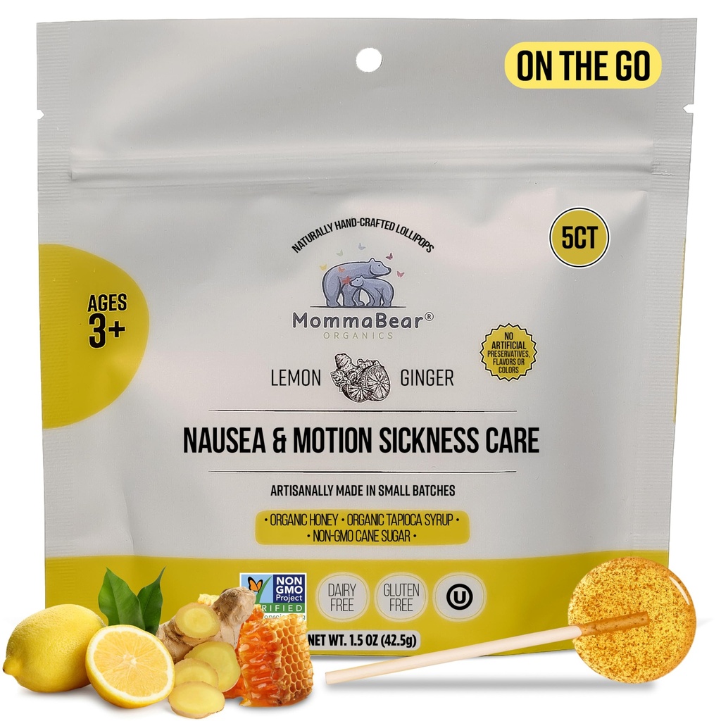 MommaBear Nausea & Motion Hastaness Lollipops - Nausea için Non-GMO Lemon & Ginger Candy - Çocuklar için Organik Lollipoplar 3+ & Hamile Kadınlar Tümevate Queasness - Çocuklar Seyahat Esasları (5 Paket)