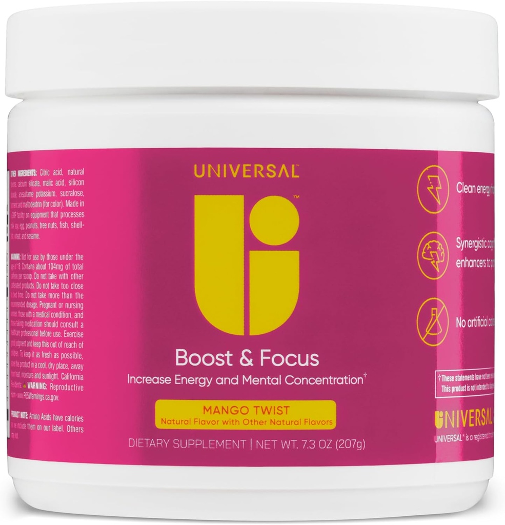 Universal U Boost & Focus Toz, Enerji ve Bilişsel Performansı, Pre Workout, Custom Dosing, VIT B12, Niacin, Choline, L-Tyrosine, No Yapay Flavors, 30 Servisler (Mango Twist)