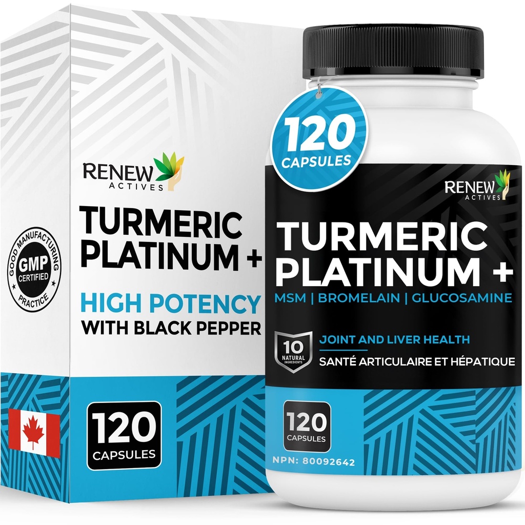 Renew Actives Turmeric Platinum 1350MG per 3 Capsules with Black Pepper & Ginger – Antioksi, Liver & Digestive Support – The Inflammation & Boosts Immunity – Made in Canada – 120 Capsules