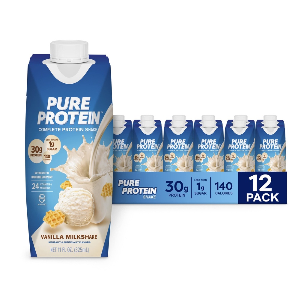 Pure protein Vanilla protein Shake, 30g Complete protein, Vitamins A, C, D ve E artı çinko Immune Health'i desteklemek için Immune Health, Ready to Drink and Keto-Friendly, 11oz Şişes, 12 Pack