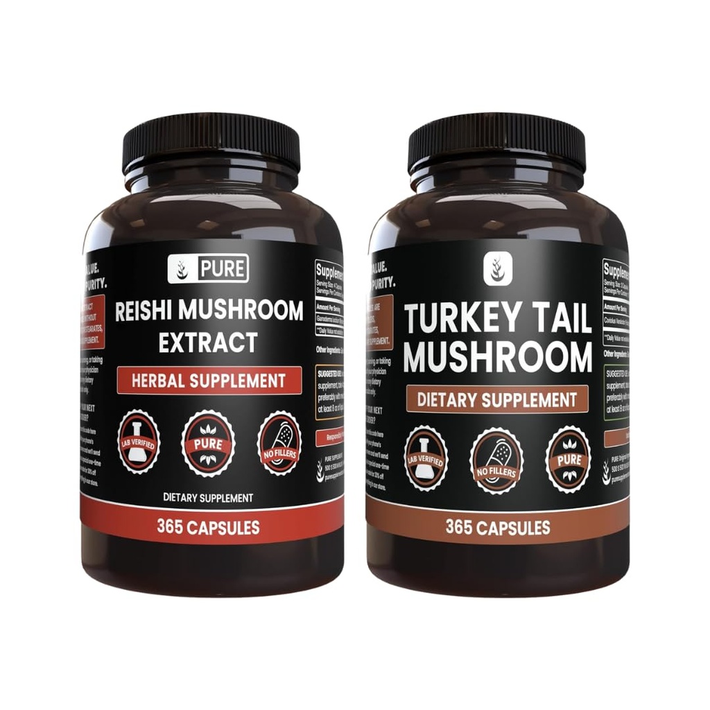PURE ORIGINAL INGREDIENTS Reishi Mushroom & Türkiye Tail Mushroom Capsule (365 Capsules), Her zaman Pure, Hayır Katkıları veya Girers