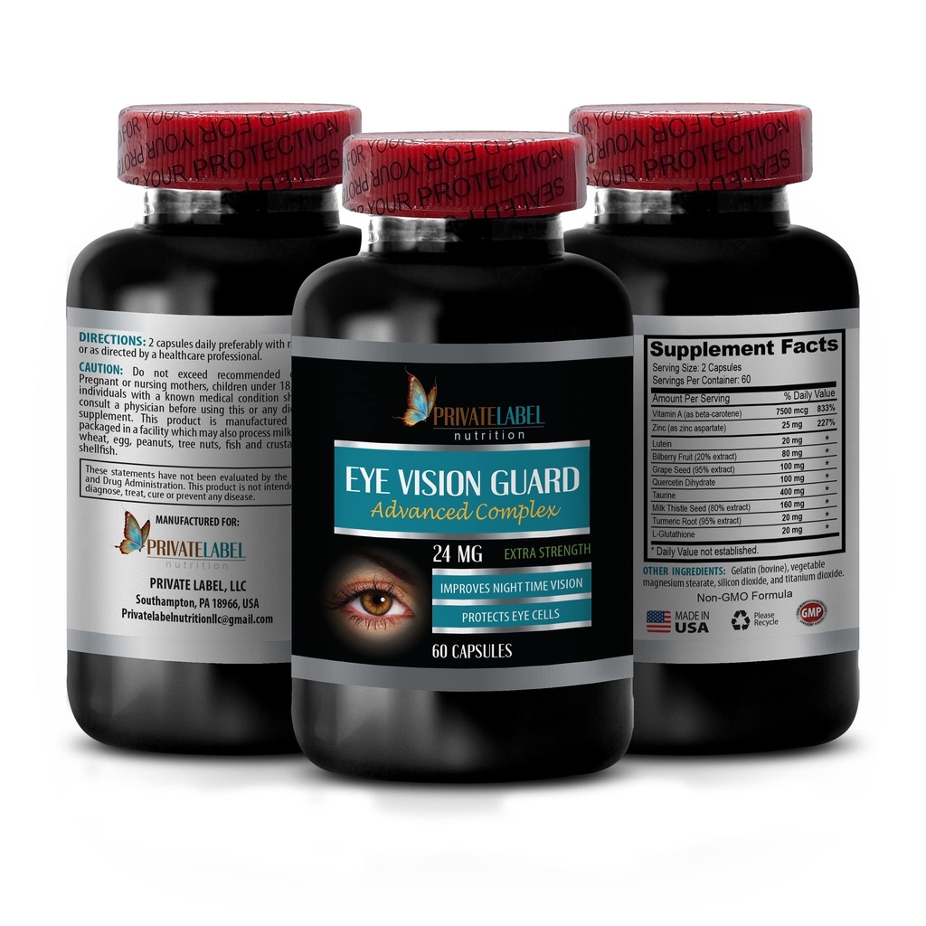 Lutein ile Vizyon - Eye Vision Guard 24 MG - Gelişmiş Kompleksi, Eye Vision Support, Lutein Supplements, Vitamin A Supplement, Turmeric Extract, Bilberry Extract, Taurine, 1 Bot 60 Capsules
