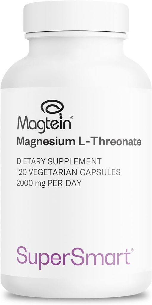 Supersmart - Magnezyum L-Threonate 2000 mg per Day (Magtein) - Patentli & Highly Bio kullanılabilir Magnezyum Threonate - Memory, Brain Health & Care | Non-GMO & Gluten Free - 120 Vegetarian Capsules