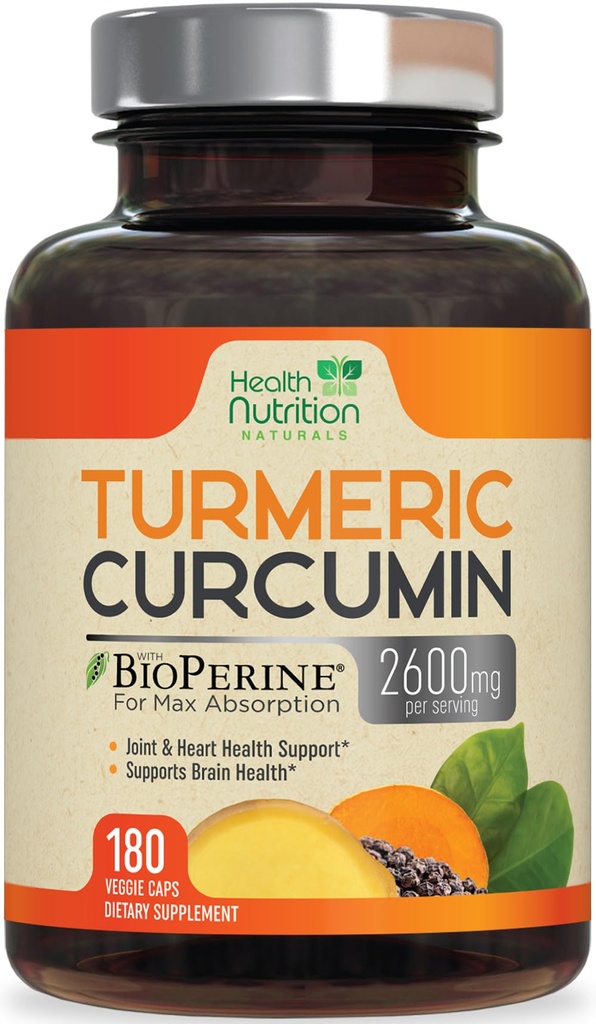 Turmeric Curcumin Supplement 2600 mg -% 95 Curcuminoids with Organic Turmeric & BioPerine Black Pepper for Best Abpole, Nature's Vegan Ortak Destek, ABD'de Şişelenmiş - 180 Capsules