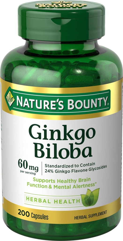 Nature's Bounty Ginkgo Biloba, Sağlıklı Beyin Fonksiyonlarını Destekliyor, Herbal Supplement, 60 Mg, 200 Capsules