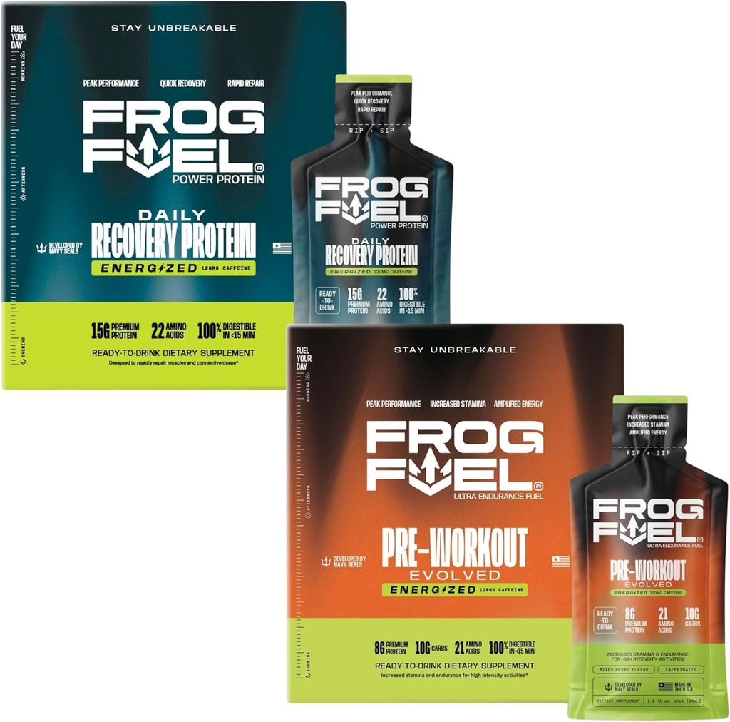 Frog Fuel Power Energized Protein & Ultra Energized Pre Workout Shot Bundle, 1500mg Beta Alanine, 15g Protein Nano-Hydrolyzed Grass Fed Collagen, Pre & Post Workout, 1.2 oz Packets, 48 Pack