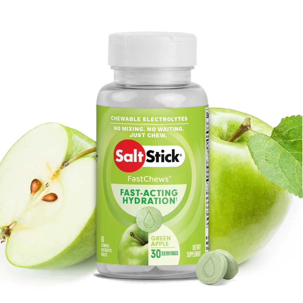 SaltStick Electrolyte FastChews - 60 Green Apple Chewable Electrolytes - Koşu ve Hydration için Salt Tabletler, Electrolyte Chews - 60 Kont