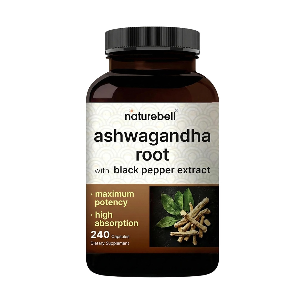 NatureBell Ashwagandha with Black Pepper, 240 Capsules | High Abhidrasyon Kompleksi - Ekstra Güç Kökleri - Rahatlama için Adaptogens Supplements - Non-GMOMO