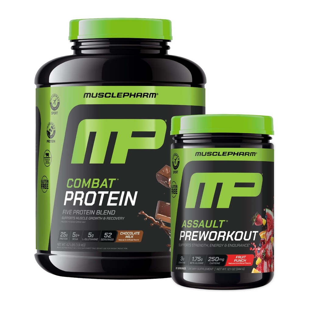 Muscle Pharm Combat 4lb Chocolate Protein and MusclePharm Assualt Fruit Punch Preworkout