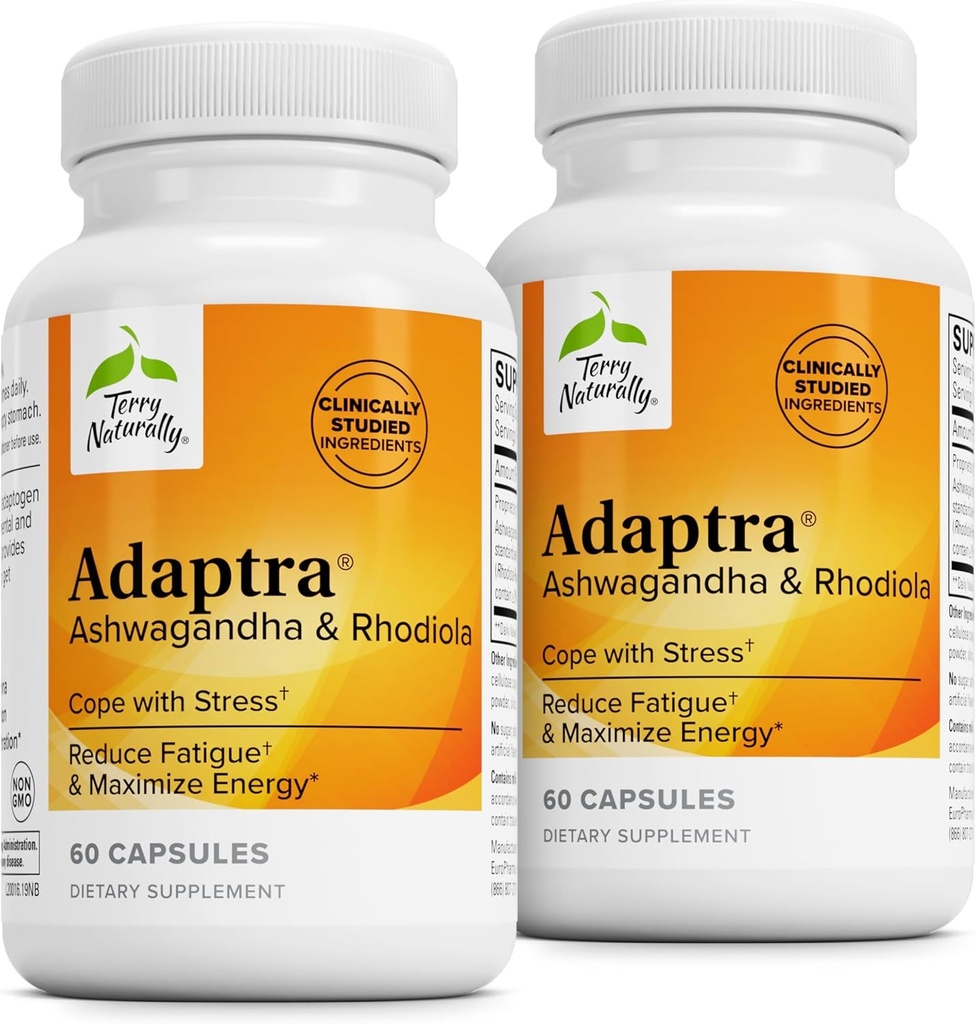 Terry Natural Adaptra - Adrenal Health'i Desteklemek için Tamam - Rhodiola Rosea Extract ile Ashwagandha Supplement - Herbal Supplement to Support Energy & Concentration - 60 Capsules (Pack of 2)
