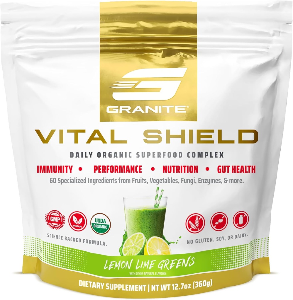 Granit Beslenme Vital Shield – USDA Organik Superfood Greens with Mushrooms & Tart Cherry – Supports Energy, Immune Function & Digestive Health – Lemon Lime Flavor (30 hizmet)