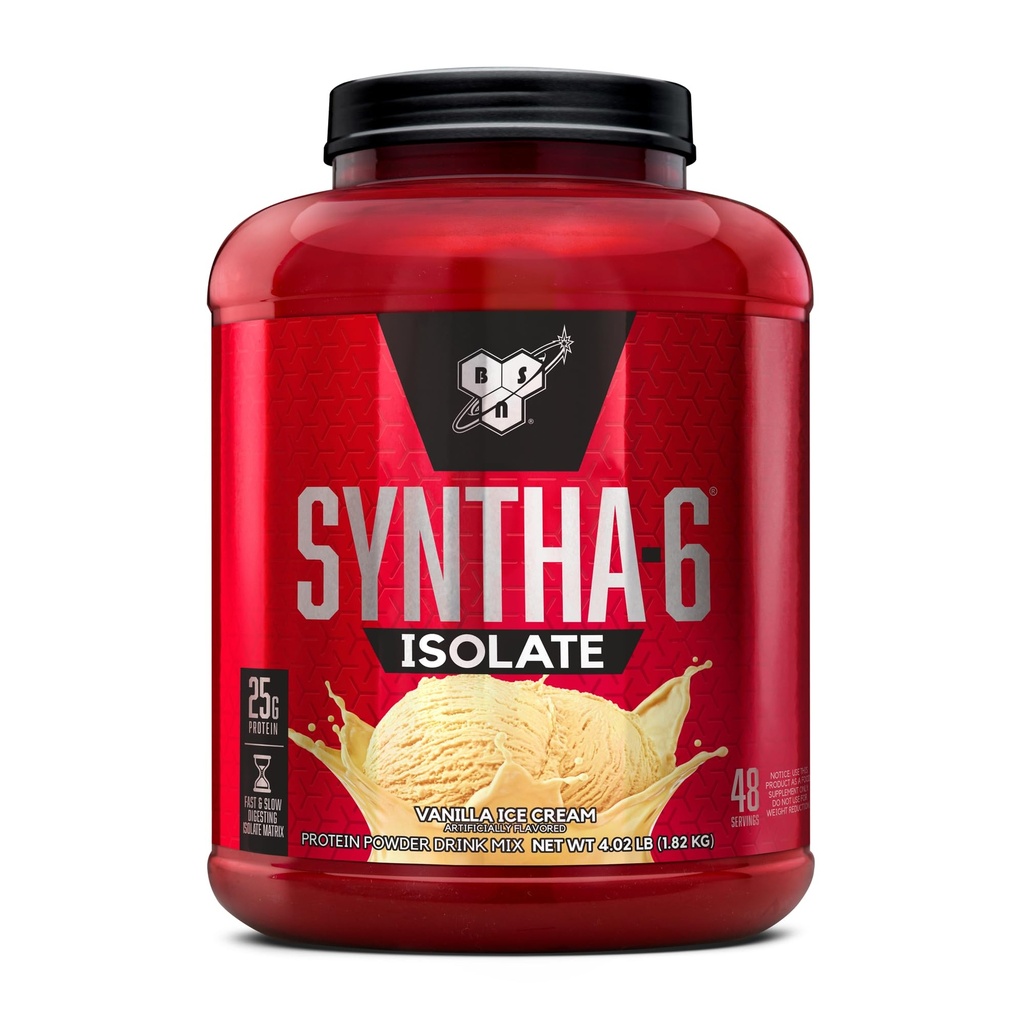 BSN SYNTHA-6 Isolate, Vanilla Post Workout Protein Powder for Muscle Gain, Whey Protein Isolate, Milk Protein Isolate, Essential Amino Acids, Vanilla Ice Cream, 4.02 Pounds, 48 Servings